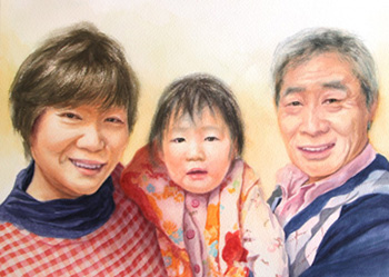 水彩画 似顔絵 祖父母と孫の絵