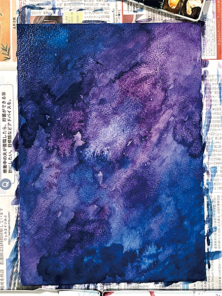 水彩絵の具で背景を塗る 星空